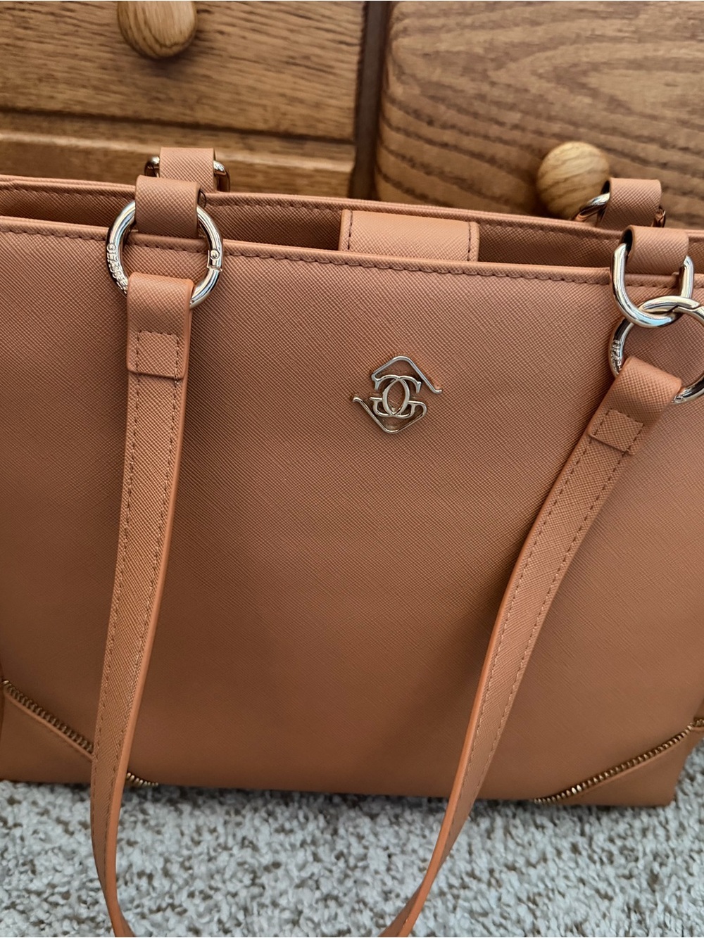 Tan Saffiano Structured Laptop Tote with Silver Accents